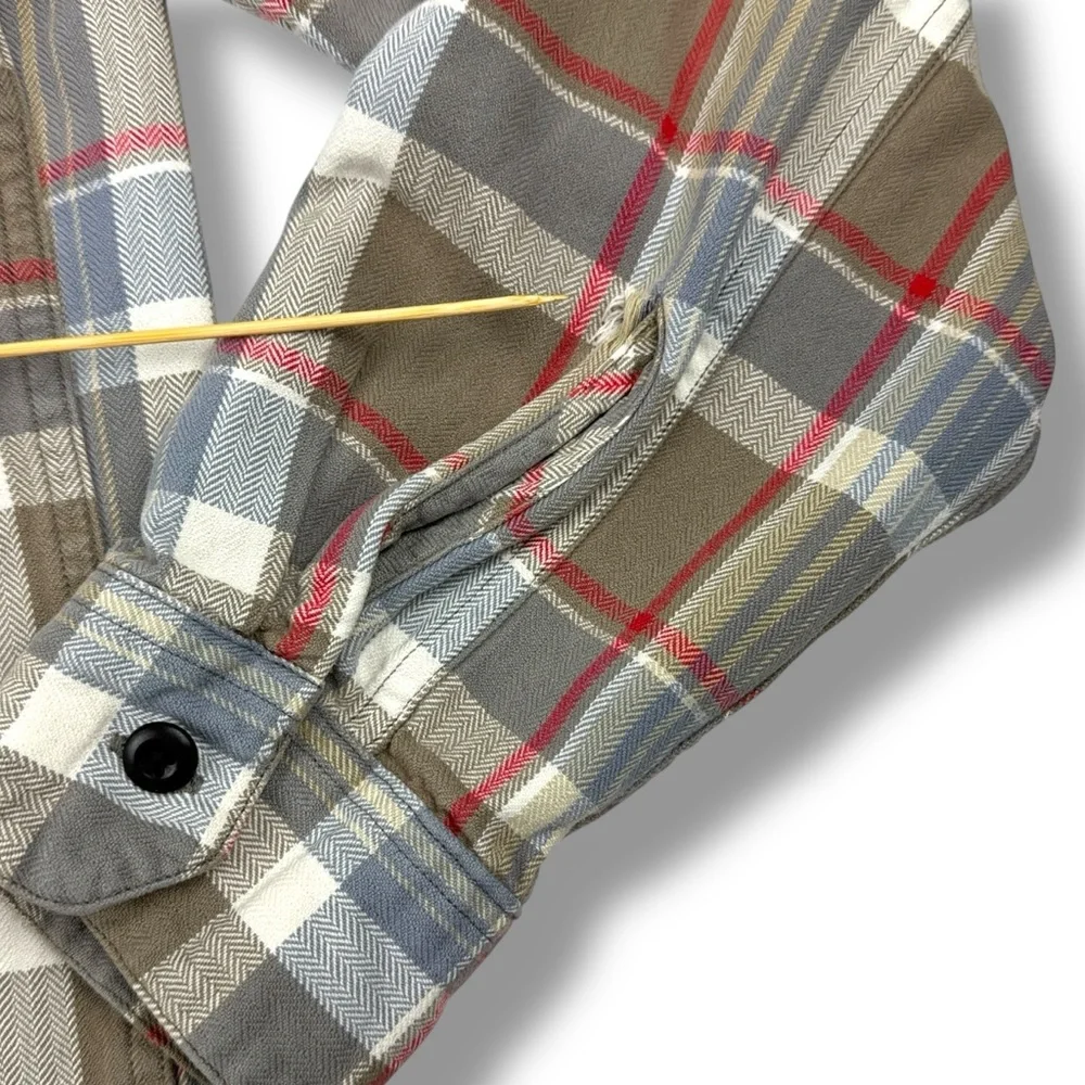 J. Crew Plaid Shirt Men's Large Tan Gray Red Flannel Button-up 100% Cotton Soft